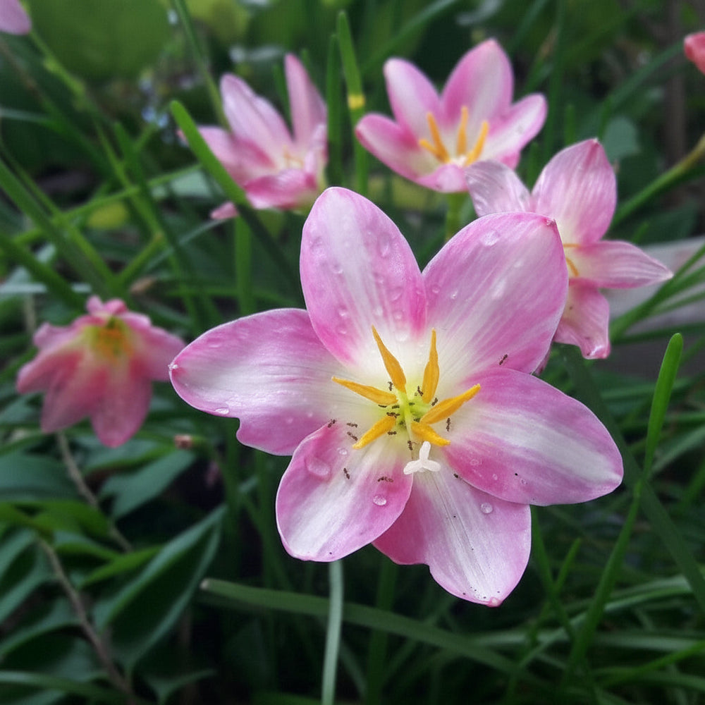 Pink flowers with yellow centers on a green background